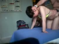 Short-haired amateur girlfriend bent over on her knees getting slammed from behind by a stud